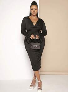 SHEIN SXY Plus Draped Collar Flounce Sleeve Top & Ruched Pencil Skirt - Black - View 2