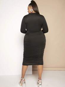 SHEIN SXY Plus Draped Collar Flounce Sleeve Top & Ruched Pencil Skirt - Black - View 6