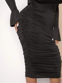SHEIN SXY Plus Draped Collar Flounce Sleeve Top & Ruched Pencil Skirt - Black - View 4