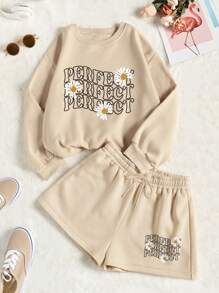 INAWLY Đồ họa hoa & chữ Áo nỉ & Quần short thể thao - Màu Khaki - Xem 1