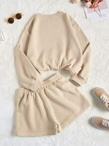 INAWLY Đồ họa hoa & chữ Áo nỉ & Quần short thể thao - Màu Khaki - Xem 2