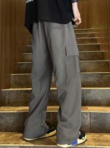 Claim Dot Pantalones cargo casuales sueltos de bolsillo con solapa para hombres - Gris Oscuro - Ver 2