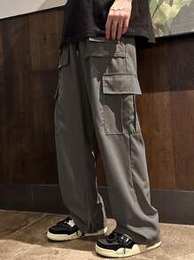 Claim Dot Pantalones cargo casuales sueltos de bolsillo con solapa para hombres - Gris Oscuro - Ver 3