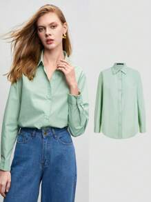 BizChic Áo sơ mi công sở tay dài viền cong cotton trơn - Màu xanh Bạc hà - Xem 11