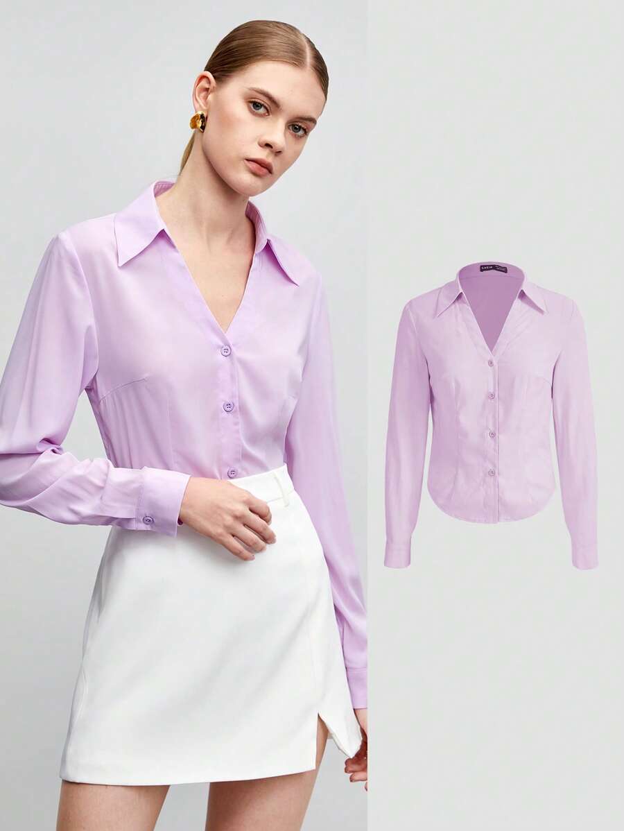 BizChic Chất rắn Nút phía trước Áo sơ mi Trang phục làm việc - Màu Lilac Tím - Xem 1