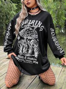 ROMWE PUNK Plus Mushroom & Slogan Graphic Drop Shoulder Sweatshirt Dress - Black - View 1