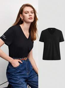 BizChic 標語圖案V領T恤工作服 - 黑色 - 查看 1