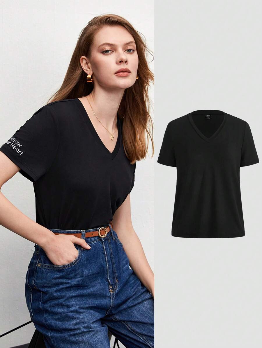 BizChic 標語圖案V領T恤工作服 - 黑色 - 查看 1