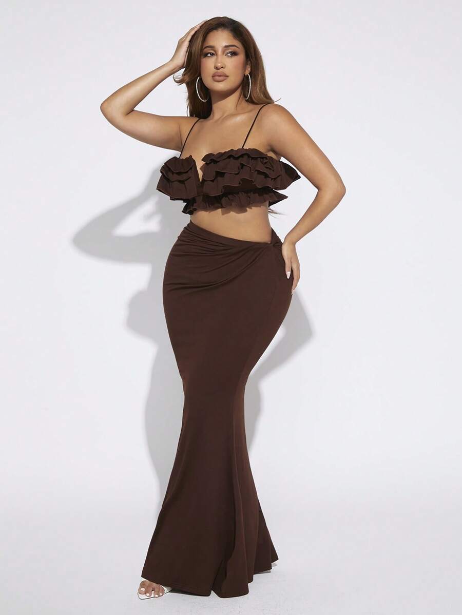 SHEIN SXY Viền Ruffle Cami ngọn & Váy nàng tiên cá - màu nâu - Xem 1