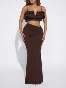 SHEIN SXY Viền Ruffle Cami ngọn & Váy nàng tiên cá - màu nâu - Xem 4