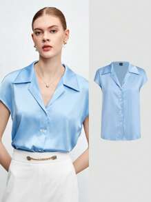 BizChic 素色蝙蝠袖緞面襯衫工作服 - 淺藍色 - 查看 9