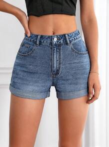 SHEIN Essnce Roll Up Hem Denim Shorts - Blue - View 1