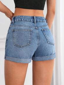 SHEIN Essnce Roll Up Hem Denim Shorts - Blue - View 3