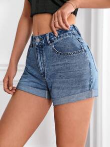 SHEIN Essnce Roll Up Hem Denim Shorts - Blue - View 2