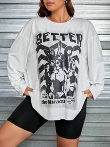 SHEIN EZwear 大碼人物和字母圖案落肩T恤 - 白色 - 查看 3