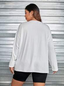 SHEIN EZwear 大碼人物和字母圖案落肩T恤 - 白色 - 查看 4