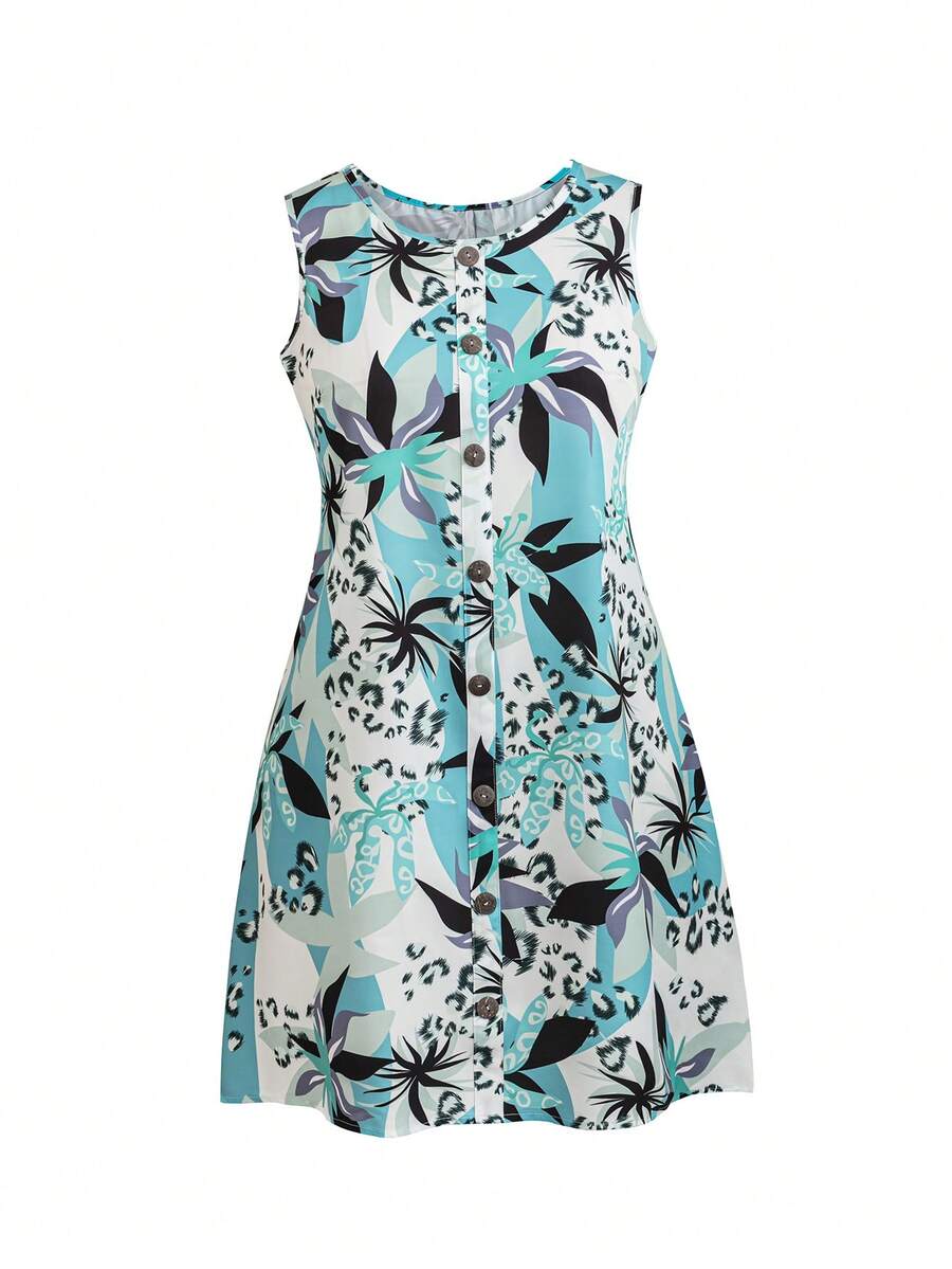 SHEIN Clasi Plus Floral Print Button Front Dress - Baby Blue - View 1