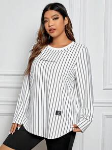 SHEIN EZwear Hơn Đồ họa sọc & chữ Chi tiết được vá Curved Hem Áo thun - Đen và trắng - Xem 4