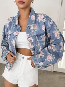 DAZY Floral Print Drop Shoulder Flap Pocket Denim Jacket Y2k