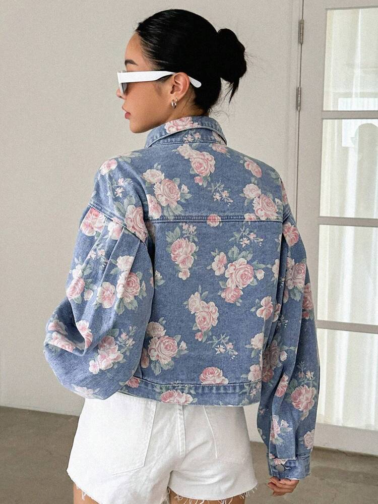 Floral Print Drop Shoulder Flap Pocket Denim Jacket Y2k