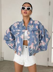 DAZY Floral Print Drop Shoulder Flap Pocket Denim Jacket Y2k