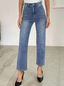 High Waist Straight Leg Jeans Without Belt - Medium Wash - View 2
