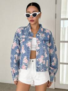 DAZY Floral Print Drop Shoulder Flap Pocket Denim Jacket Y2k