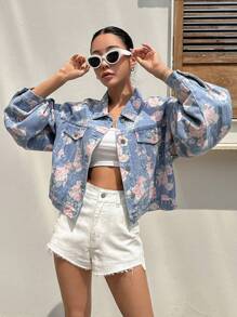 DAZY Floral Print Drop Shoulder Flap Pocket Denim Jacket Y2k