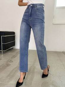 High Waist Straight Leg Jeans Without Belt - Medium Wash - View 6