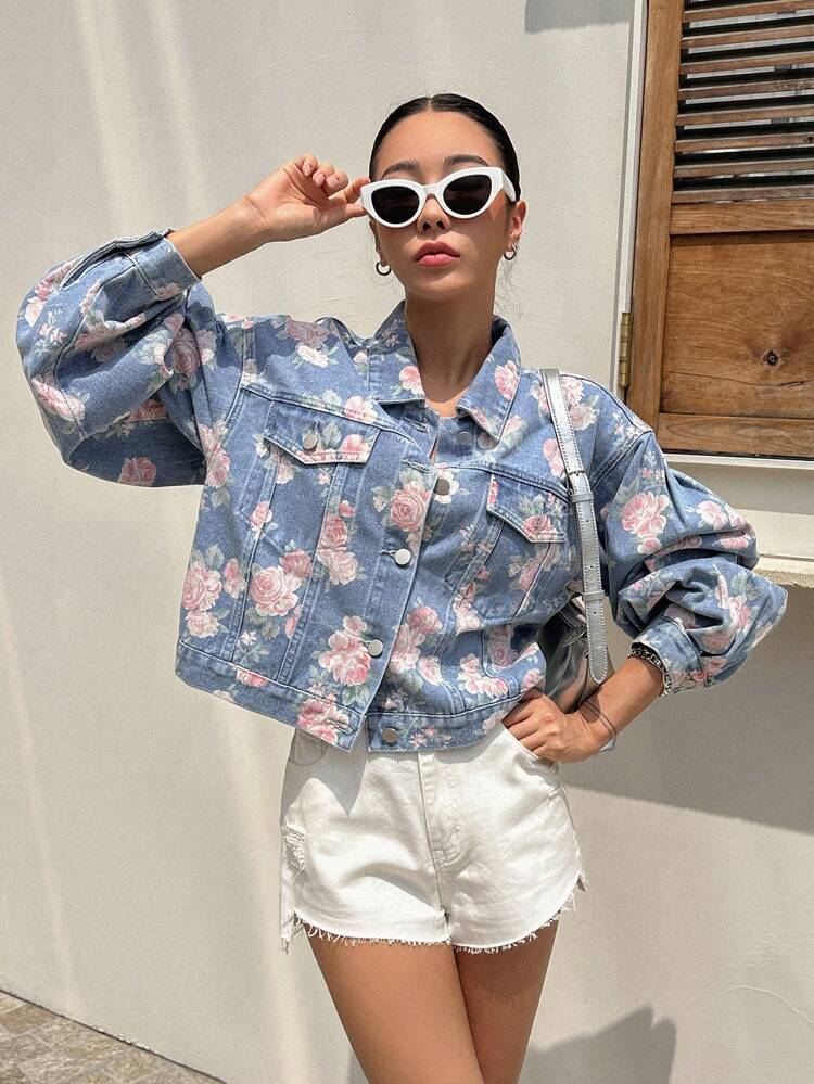 Floral Print Drop Shoulder Flap Pocket Denim Jacket Y2k