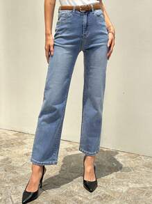 High Waist Straight Leg Jeans Without Belt - Medium Wash - View 4