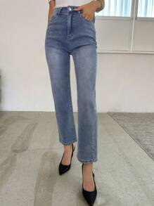 High Waist Straight Leg Jeans Without Belt - Medium Wash - View 7
