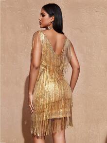 Fringe Trim Sequin Bodycon Dress - Gold - View 2