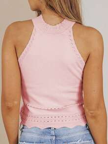 Solid Scallop Trim Halter Top - Pink - View 2