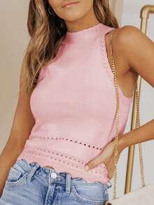 Solid Scallop Trim Halter Top - Pink - View 3