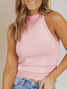 Solid Scallop Trim Halter Top - Pink - View 4