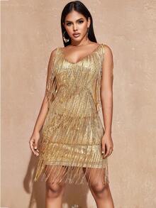 Fringe Trim Sequin Bodycon Dress - Gold - View 5