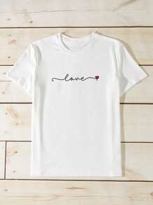 SHEIN LUNE Letter & Heart Print Short Sleeve Tee - White - View 4