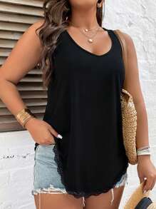 EMERY ROSE Plus Lace Panel Tank Top - Black - View 3