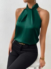 Chiquease Chất rắn Xa ten Halter Neck Áo sơ mi - Màu xanh lá cây đậm - Xem 3