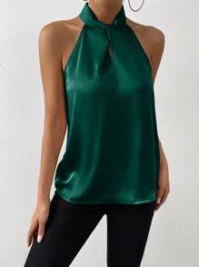 Chiquease Chất rắn Xa ten Halter Neck Áo sơ mi - Màu xanh lá cây đậm - Xem 6