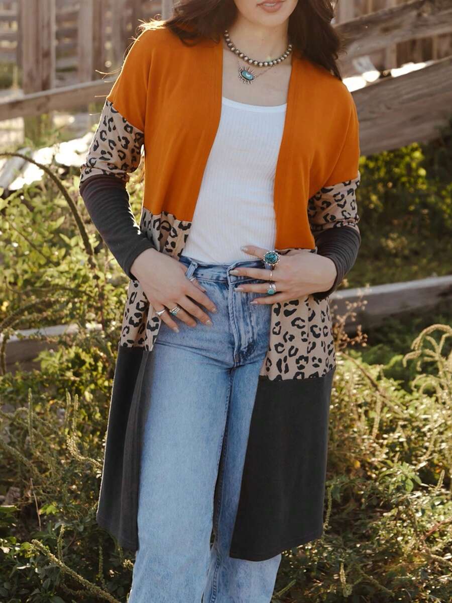 Astylish Leopard Print Color Block Dropped Shoulder Cardigan - Multicolor - View 1