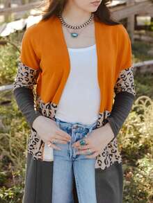 Astylish Leopard Print Color Block Dropped Shoulder Cardigan - Multicolor - View 5