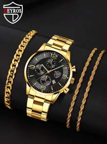 DEYROS 1 pieza Hombres Reloj cuarzo de puntero redondo & 3 piezas Pulsera - Dorado - Ver 1