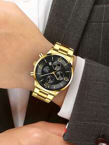 DEYROS 1 pieza Hombres Reloj cuarzo de puntero redondo & 3 piezas Pulsera - Dorado - Ver 4