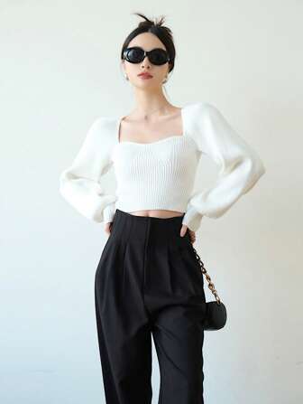 Solid Sweetheart Neck Crop Ribbed Knit Jumper