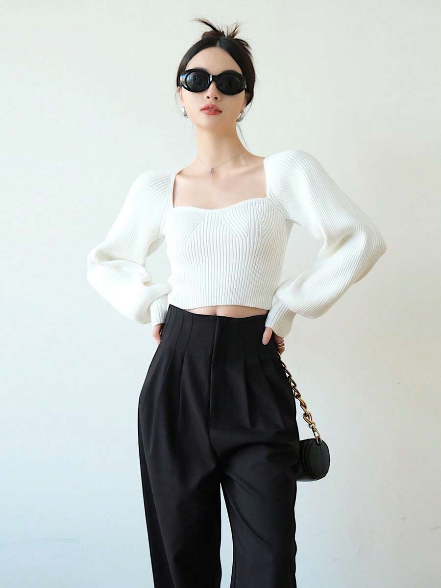 素色雞心領口短款條紋針織套頭毛衣 - 白色 - 查看 1