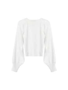 素色雞心領口短款條紋針織套頭毛衣 - 白色 - 查看 2