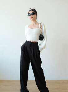 素色雞心領口短款條紋針織套頭毛衣 - 白色 - 查看 4