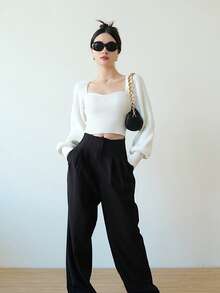 素色雞心領口短款條紋針織套頭毛衣 - 白色 - 查看 6